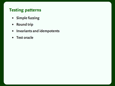 Slide with a bulleted list: a list of testing patterns.