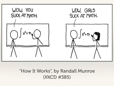 The XKCD comic “How It Works”. A man makes a mistake: “Wow, you suck at math”. A woman makes the same mistake: “Wow, girls suck at math”.
