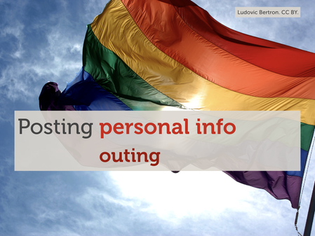 A photo of a rainbow flag with the text “Posting personal info: outing” overlaid.