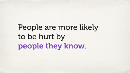 Text slide. “People are more likely to be hurt by people they know.”
