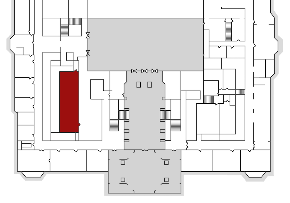 Another map of City Hall, with one room highlighted in red, and all the text removed.