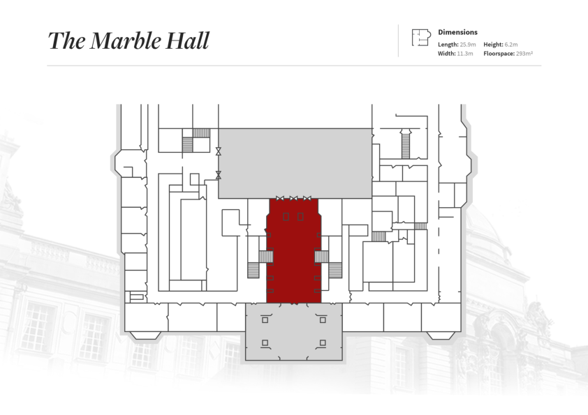 A map of Cardiff City Hall, with the Marble Hall highlighted in red.