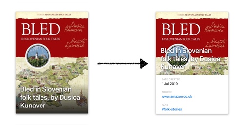Left: a red and yellow book cover with the words “Bled in Slovenian folk tales, by Dusica Kunaver”. Right: the same cover, with a portion of white and some metadata covering the bottom half of the book. A black arrow from the left to right image.