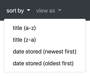 A 'sort by' dropdown menu with four options: 'title (a-z)', 'title (z-a)', 'date created (newest first)' and 'date created (oldest first)'.