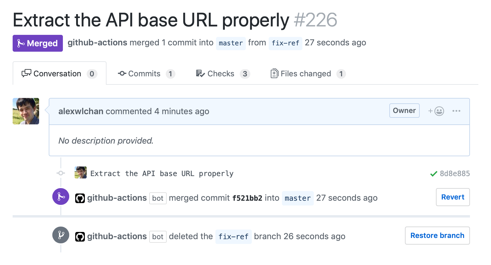 A screenshot of the GitHub pull request UI, showing the github-actions bot merging and deleting a branch.