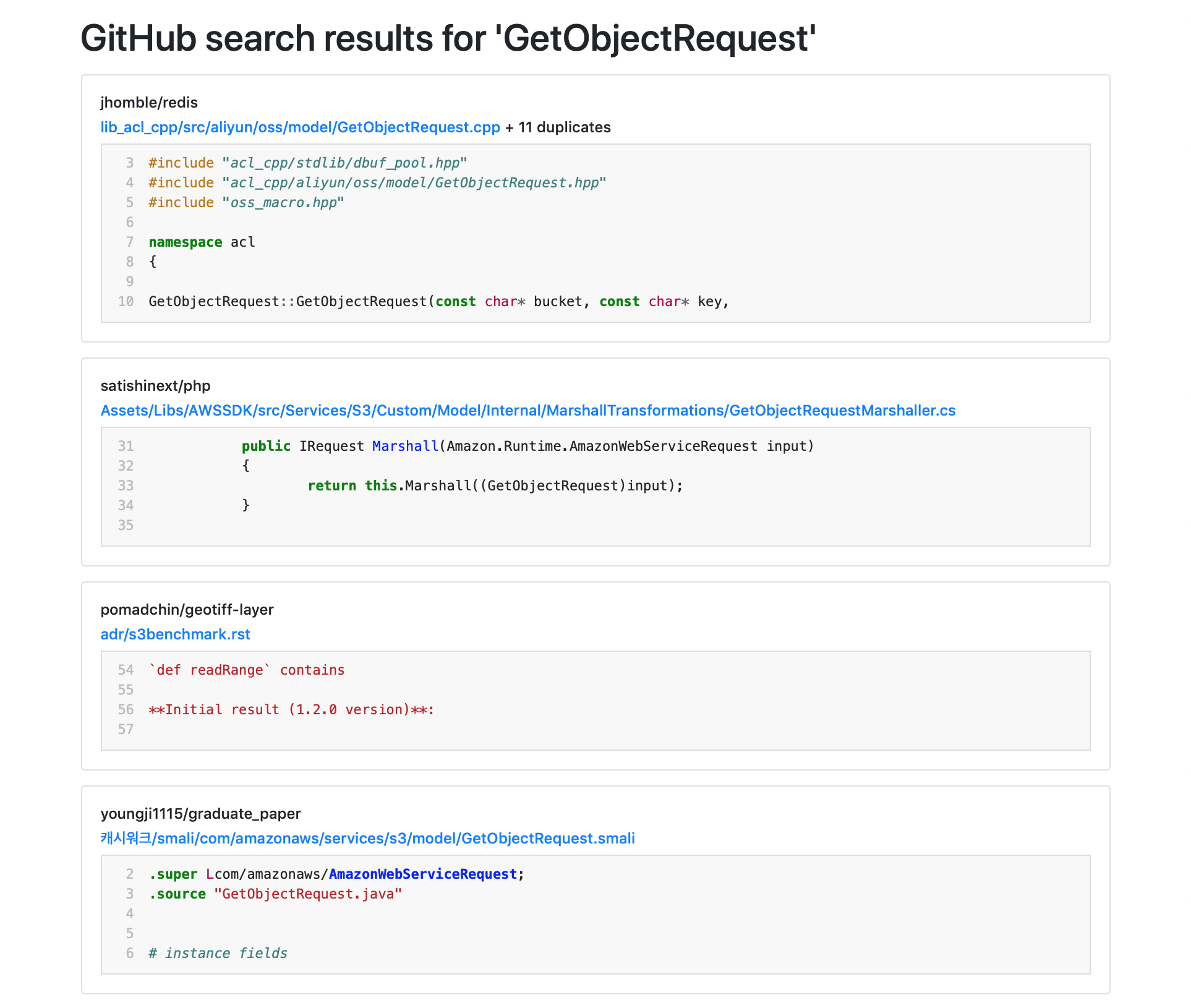 A page of search results, with a snippet of code accompanying each search result.