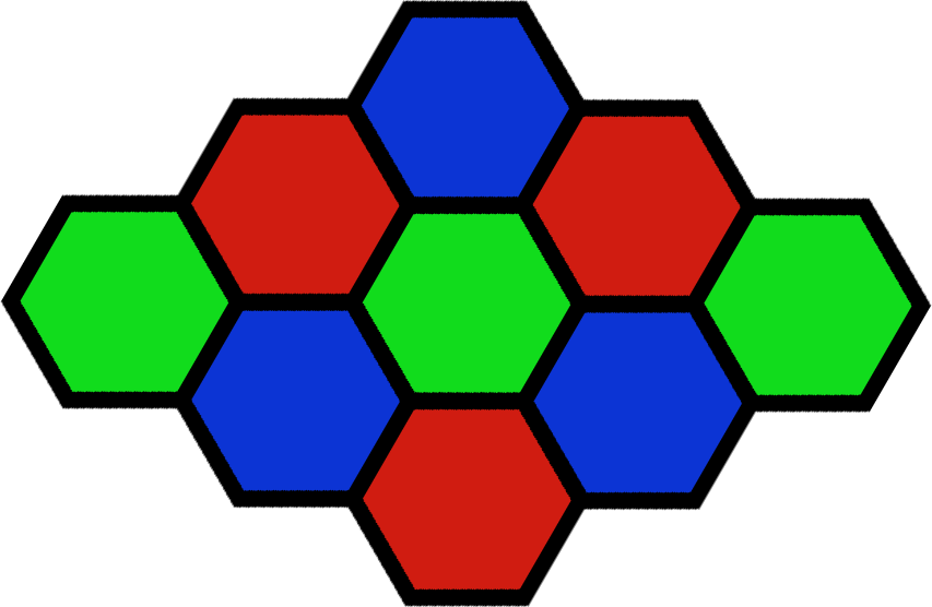 A set of tiling hexagons with thick black borders. The hexagons are coloured one of red, green, or blue.