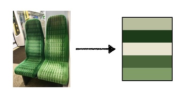 The photo of the green chairs, with an arrow pointing to a swatch of five shades of green.