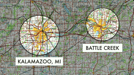 A map, with circled areas “Kalamazoo” and “Battle Creek”.