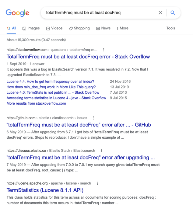 Google search results for ‘totalTermFreq must be at least docFreq’. There aren’t many results.