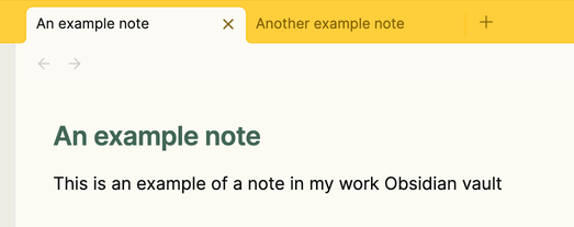 A screenshot of a note and the top bar in my work vault. The top bar has a yellow tint, but the title of the note is a dark green. The note text is in a sans serif font (Inter).