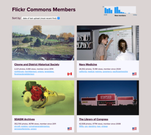 A list of members in the Flickr Commons, showing cards for each member. Each card has a selected photo from the member, their name, and some basic metadata.