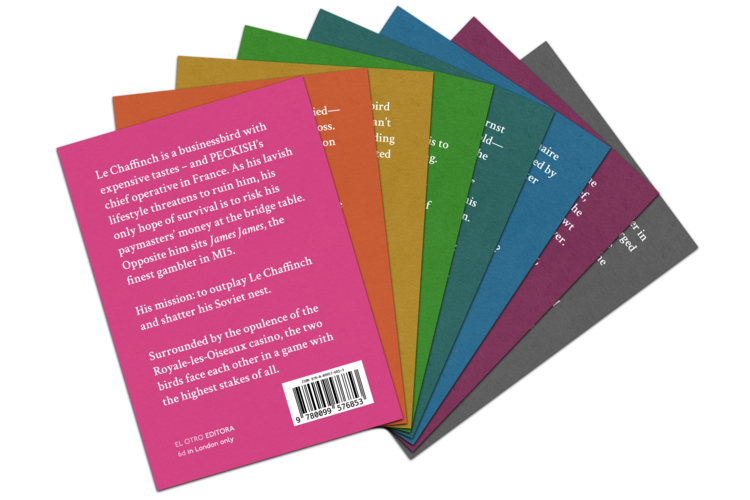 A series of the backs of the books, arranged in a fan-like shape. On the back of each book is a blurb filling most of the page, then a barcode and some text at the bottom.