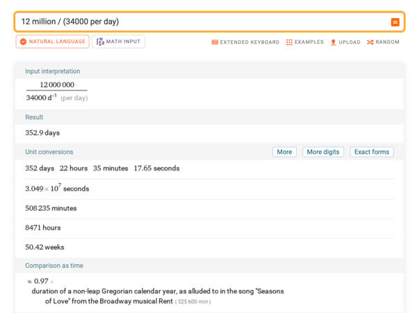 Screenshot of Wolfram Alpha, where the result is 352 days ans the comparison as time is ‘0.97 × duration of a non-leap Gregorian calendar year, as alluded to in the song “Seasons of Love” from the Broadway musical Rent’.