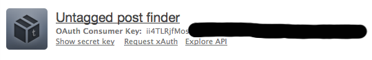 A screenshot of Tumblr's API registration. The name of the app "Untagged post finder" is on the first line, with an OAuth Consumer Key and a partially redacted string on the second line.