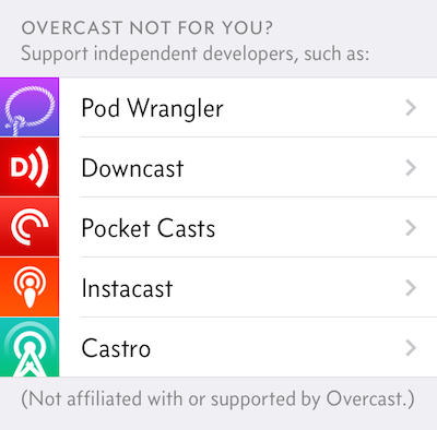 Overcast not for you? Support independent developers, such as Pod Wrangler, Downcast, Pocket Casts, Instacast and Castro.