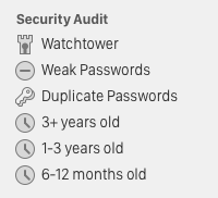A list titled 'Security Audit', with items like 'Watchtower', 'Weak Passwords' and 'Duplicate Passwords'.