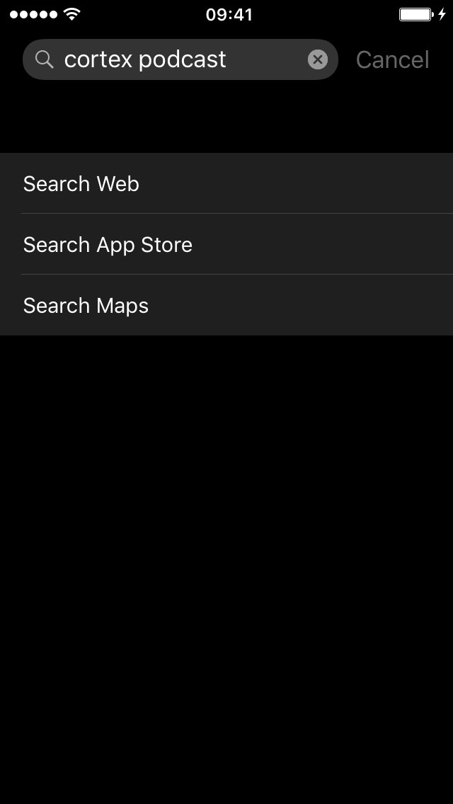Siri search for “cortex podcast”, with no results found.