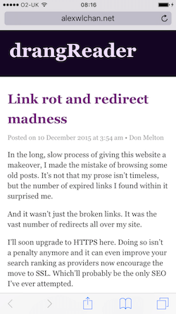 An iPhone browser screenshot with a single article, and purple stripe “drangReader” at the top of the window.