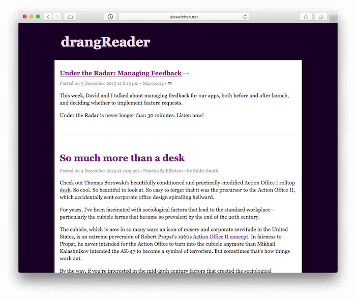 A browser window with two RSS articles, and a purple title “drangReader”.