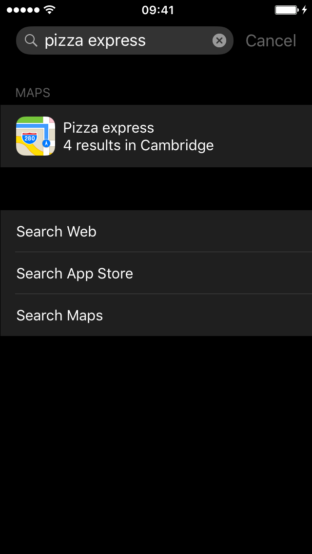 Siri search for “pizza express”, with a single maps result.