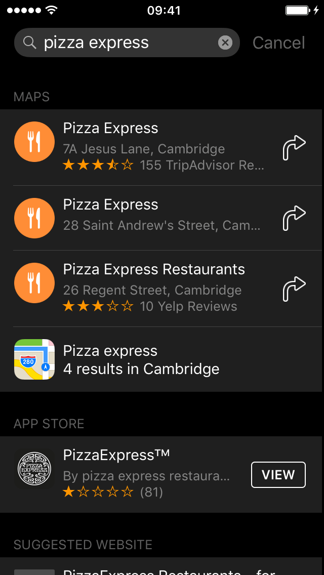 Siri search for “pizza express”, with some maps and App Store results.