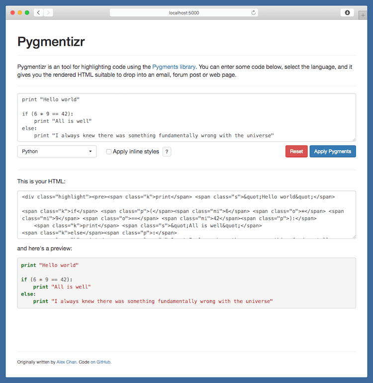 A web app titled 'Pygmentizr', with a text area for entering code, another text area with some HTML code, and a rendered code block.