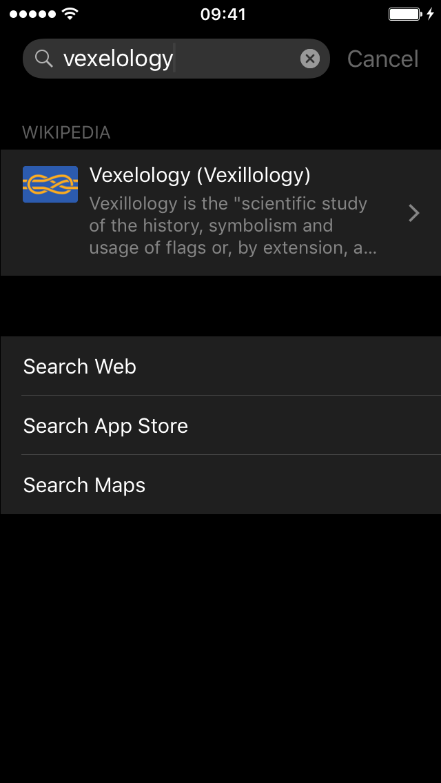 Siri search for “vexelology”, with a link to the Wikipedia page.