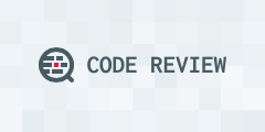 The name 'Code Review' in dark grey text, a grey magnifying glass, and a background of light-grey squares.