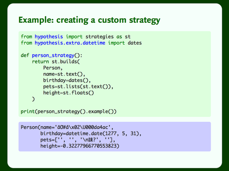 Python code showing a custom Hypothesis strategy for creating instances of a `Person` class.
