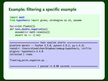 Code and output for a Hypothesis test that uses `assume()` to filter out a specific example.