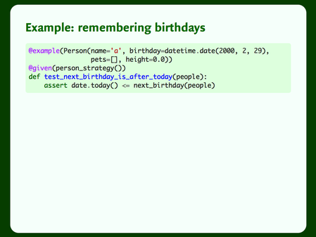 A Hypothesis test that uses the `@example` decorator to remember an example.