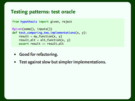 Code and a bulleted list: “Testing patterns: test oracle”.