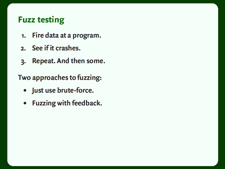 Slide with a bulleted list: “Fuzz testing”.