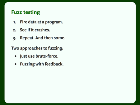 Slide with a bulleted list: “Fuzz testing”.