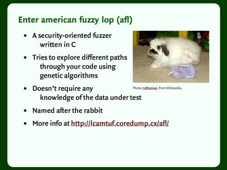 Slide with a bulleted list and a picture of a rabit: “Enter american fuzzy lop (afl)”.