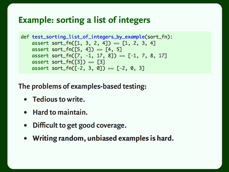 Some Python code showing how we might write a test for a function that sorts a list of integers.