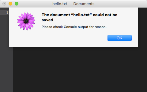 A screenshot of a TextMate window showing a dialog 'The document 'hello.txt' could not be saved. Please check Console output for reason.'