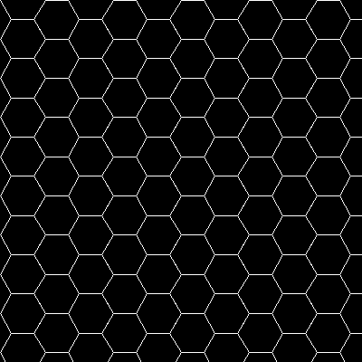 A black and white hexagonal honeycomb, with black background and white outlines