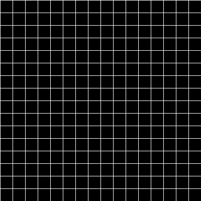 A black and white square grid, with black backgrounds and white outlines