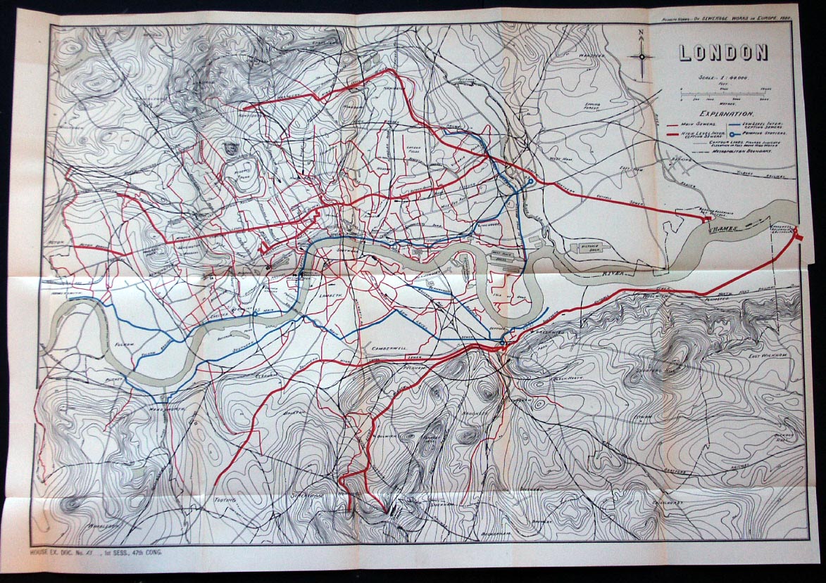 Browning showing a map of London, with the river highlighted in grey and sewer lines drawn in red.