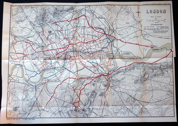 Browning showing a map of London, with the river highlighted in grey and sewer lines drawn in red.