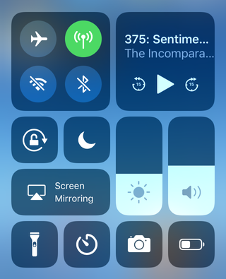 A screenshot from Control Centre when Wi-Fi and Bluetooth are turned off.