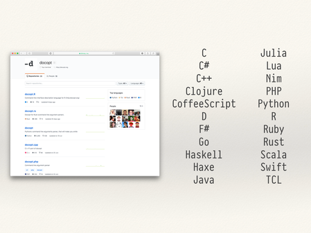 A screenshot of docopt on GitHub, and a list of other languages it's been ported to.
