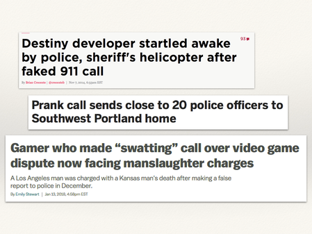 Newspaper headlines about people who had police or SWAT teams come to their home.