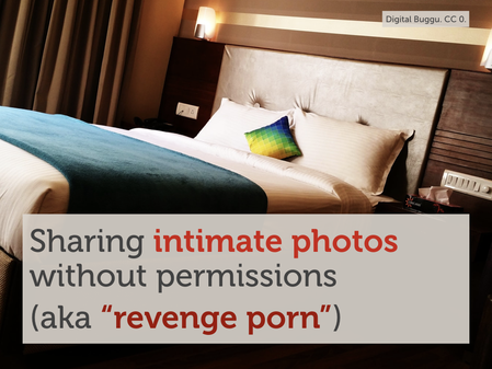 An image of a bedroom with the overlaid text “Sharing intimate photos without permission”.