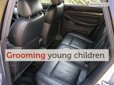 A photo of the back seat of a car with the overlaid text “Grooming young children”.