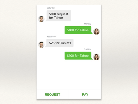 A screenshot of a chat app with green and grey chat bubbles, with two buttons at the bottom: “Request” and “Pay”.