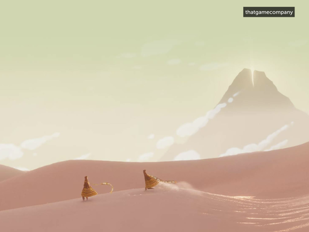 A screenshot from the game Journey; orange characters in a desert with a green sky.