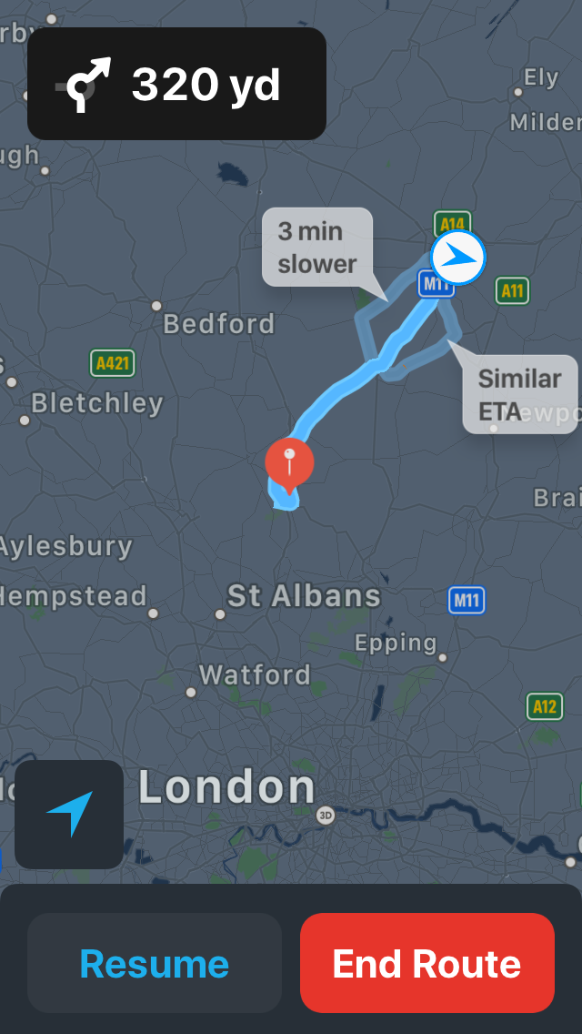 A screenshot of Apple Maps with two routes labelled ('3 min slower', 'Similar ETA') and a third highlighted, and two buttons ('Resume' and 'End Route').